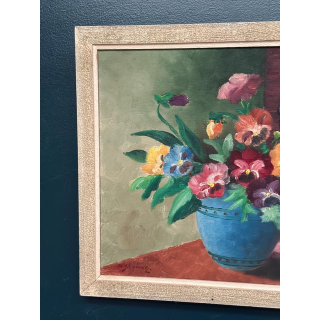 G. Stränz, Pansies in Blue Vase, 1960s, Oil Painting on Canvas, Framed For Sale - Image 11 of 17