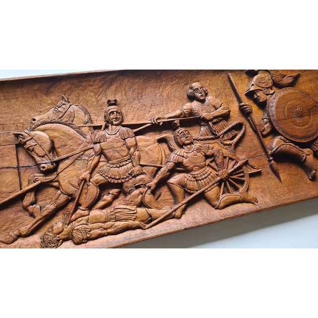 1950s Large Hand-Carved Wooden Relief with The Walls of Troy Motif, Germany, 1956 For Sale - Image 5 of 15