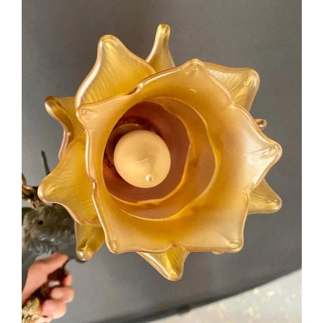 French Art Nouveau Bonze Flying Putto Cherub & Lalique Frosted Glass Tulip Shades For Sale In New York - Image 6 of 11