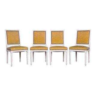 Antique French Louis XVI Style Square Back Painted Dining Chairs W/ Yellow Mohair - Set of 4 For Sale
