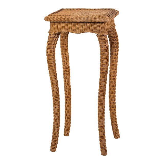 Vintage 1960s Tall Wicker Plant Stand W/ Wavy Cabriole Legs / Palm Beach Regency Pedestal For Sale