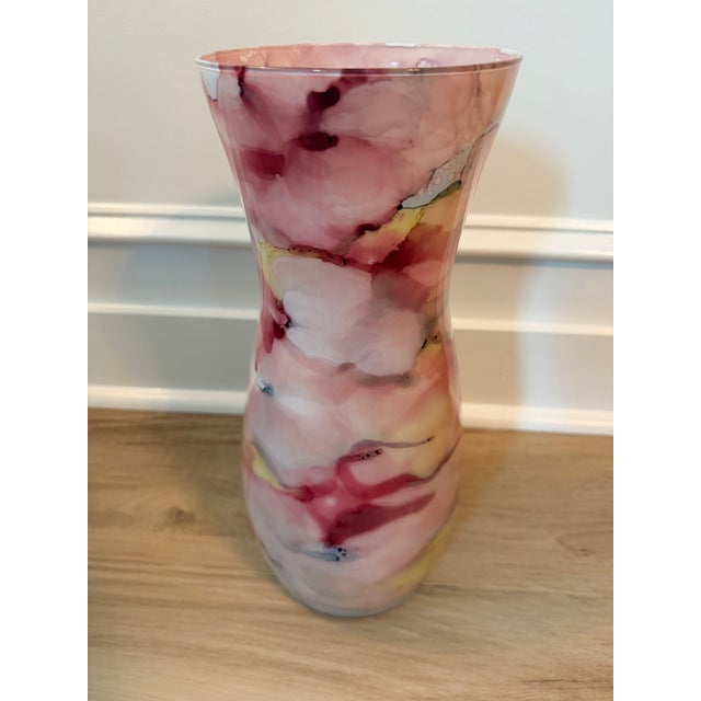 Abstract Contemporary Blush Pink & Cranberry Abstract Art Glass Vase For Sale - Image 3 of 9