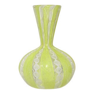 Murano Vintage Bright Yellow Zanfirico White Latticino Ribbons Italian Art Glass Flower Vase For Sale