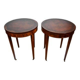1930 English Regency Mahogany Inlay & Leather Top Pair Side Tables / End Tables For Sale
