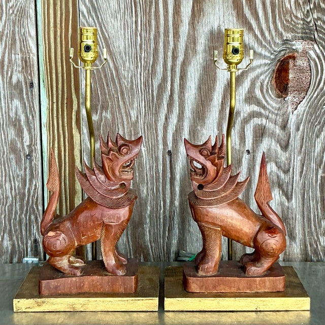 Boho Chic Vintage Boho Carved Wood Lion Lamps - a Pair For Sale - Image 3 of 7