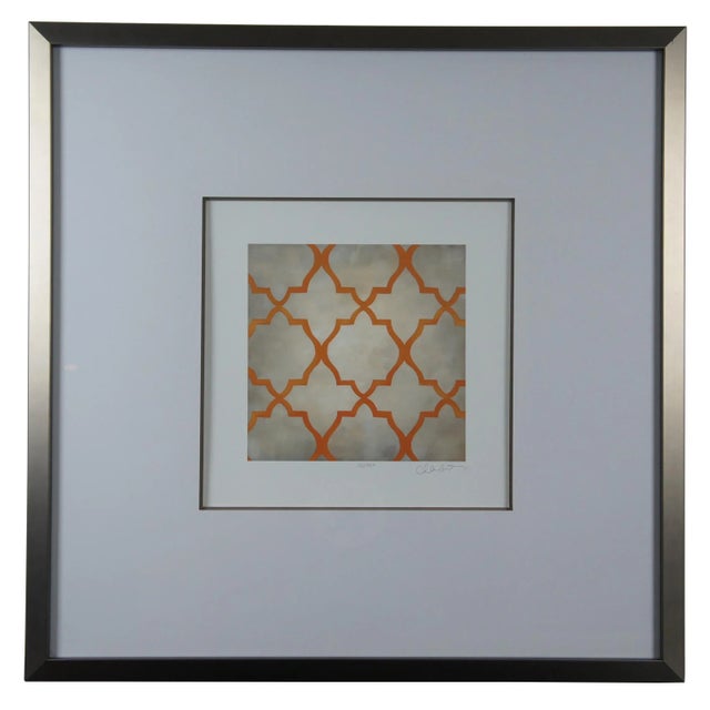 Two colorful art prints, singed and numbered. Features an orange trellis pattern and blue greek key design. A fun...