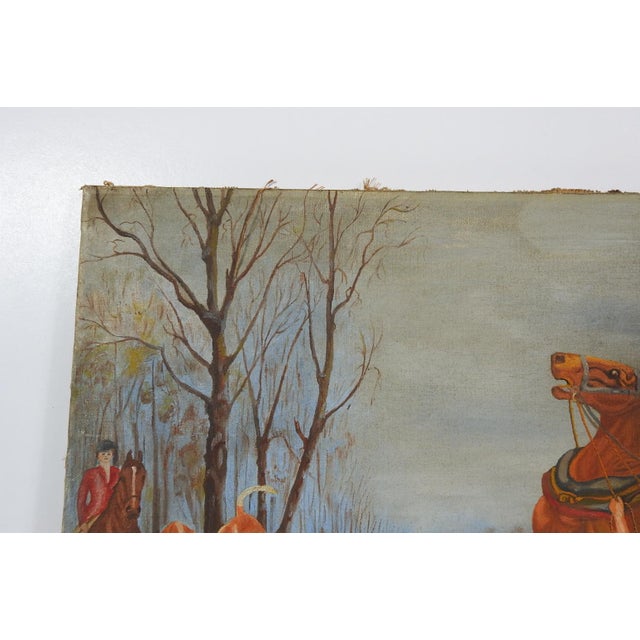 Early 20th century oil on canvas painting of foxhunter and hounds spooking a pair of working farm horses and their...