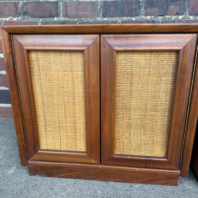 Pair of American of Martinsville Wonderwood Walnut & Cane Nightstands For Sale - Image 10 of 12
