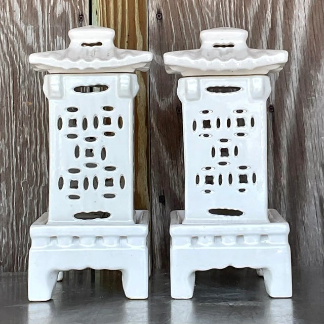 Asian Vintage Asian Glazed Ceramic Pagoda Lanterns - a Pair For Sale - Image 3 of 7