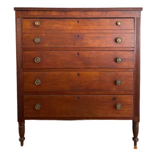 Antique Early 1800s American Neoclassical Cherry Chest of Drawers With Reeded Feet For Sale
