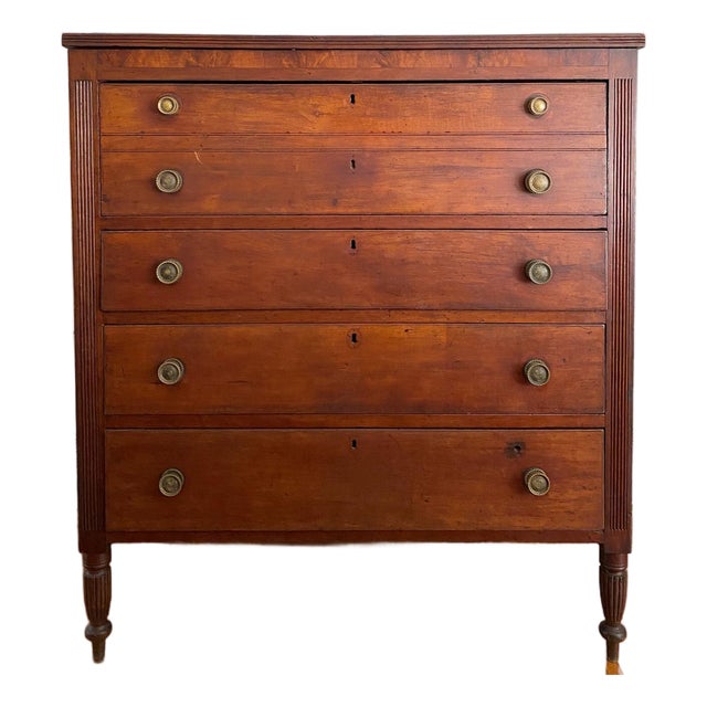 Antique Early 1800s American Neoclassical Cherry Chest of Drawers With Reeded Feet For Sale