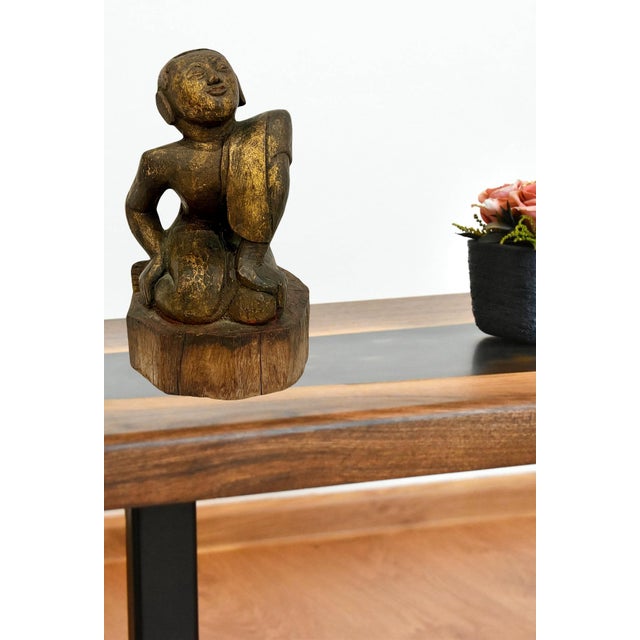 Late 19th Century Antique Wood Hand Carved Burmese Monk Figure With Gilding For Sale - Image 10 of 12