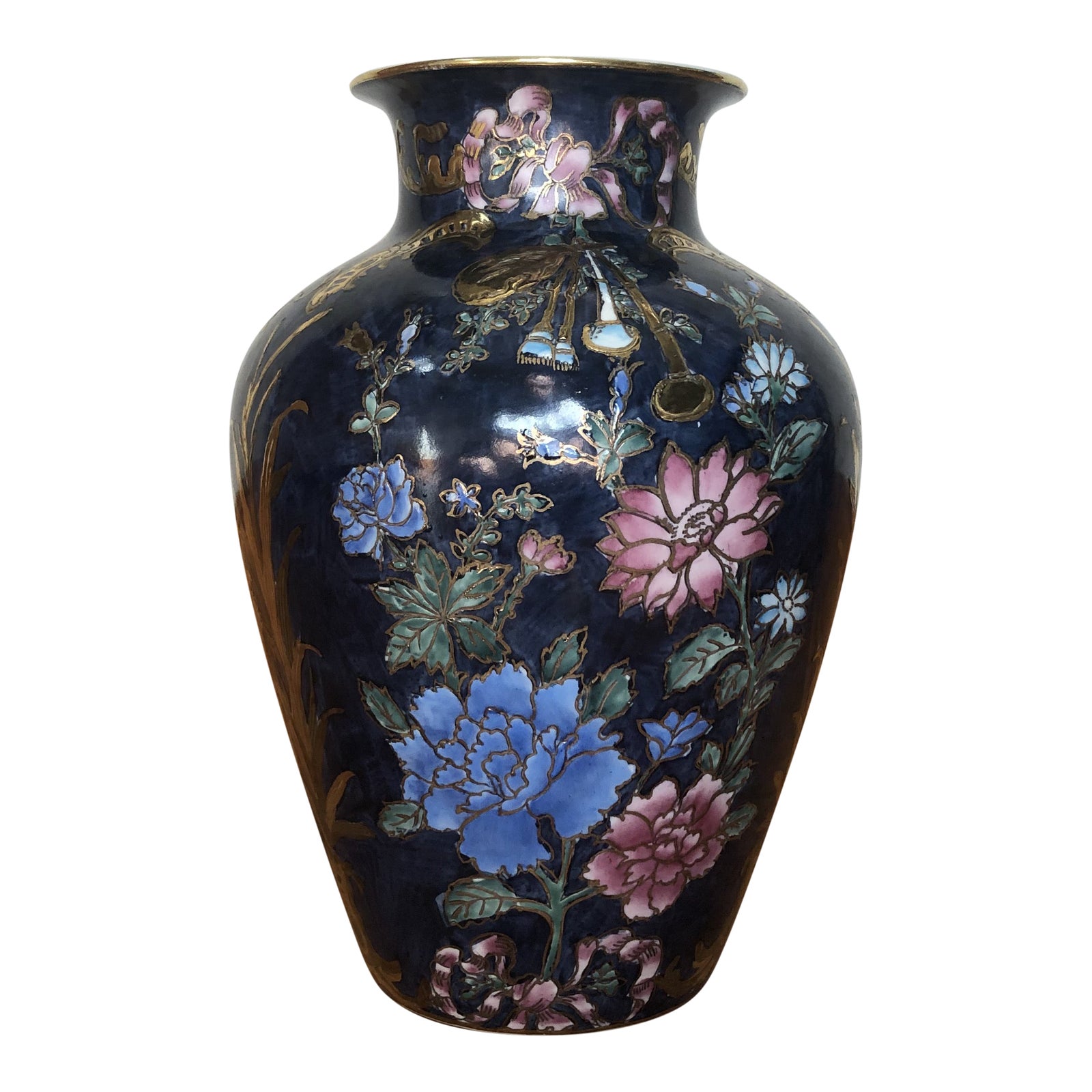 1980s Toyo Japanese Floral Blue and Gold Enameled Vase Chairish