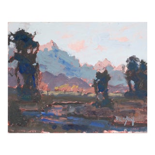 Sunset at Grand Teton National Park - Plein Aire Landscape in Oil on Board by Thomas Bradshaw For Sale