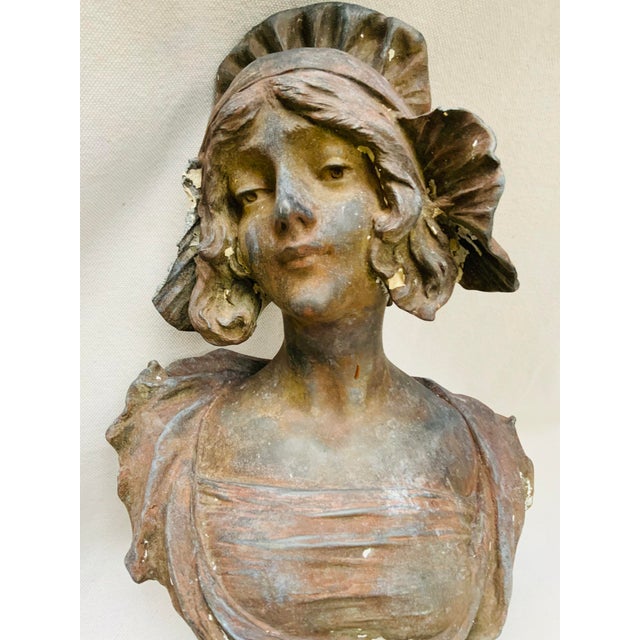 Art Nouveau Antique French Art Nouveau Cast Iron Bust of a Bonneted Coquette, Signed Jacobs For Sale - Image 3 of 9
