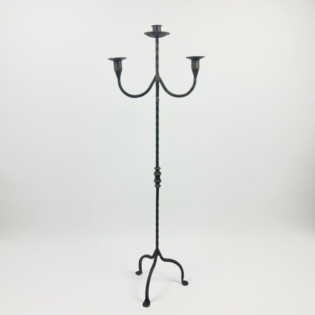 Black Hand Forged Wrought Iron Floor Candelabra 48″ (123cm) 3-Arm Candle Holder Antique Copper or Gold Patina Choice Rustic Wedding Decor For Sale - Image 8 of 9
