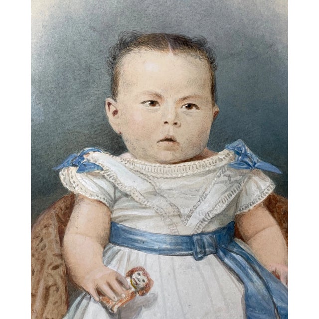 Asian Original 19th Century Portrait Asian Baby Girl Gouache Realistic Painting 1800's For Sale - Image 3 of 11