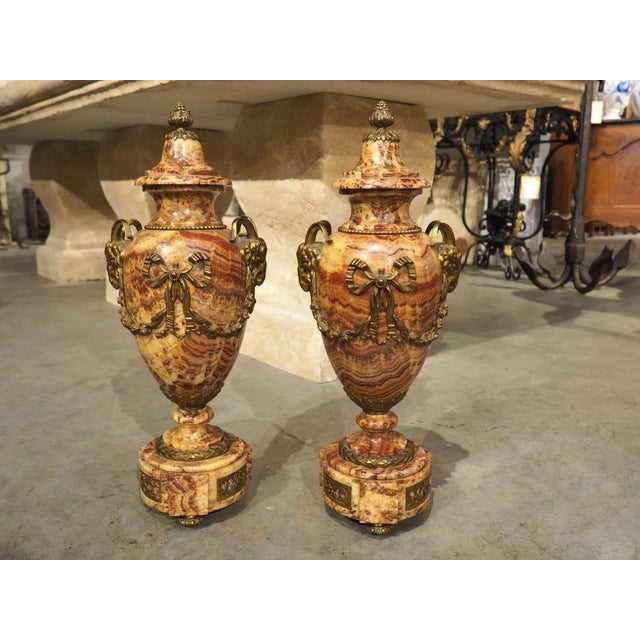 Late 19th Century Pair of C. 1880 French Louis XVI Style Carved Marble and Gilt Bronze Cassolettes For Sale - Image 5 of 12