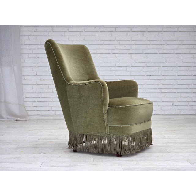 Danish Highback Armchair in Green Furniture Velour, 1970s For Sale - Image 17 of 17