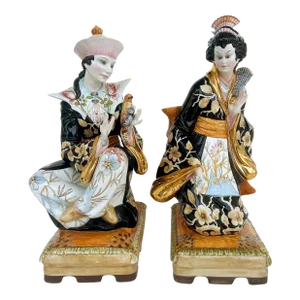 Domenico Poloniato Italian Majolica Asian Sculptures Lamp Bases, Glazed Ceramic- a Pair