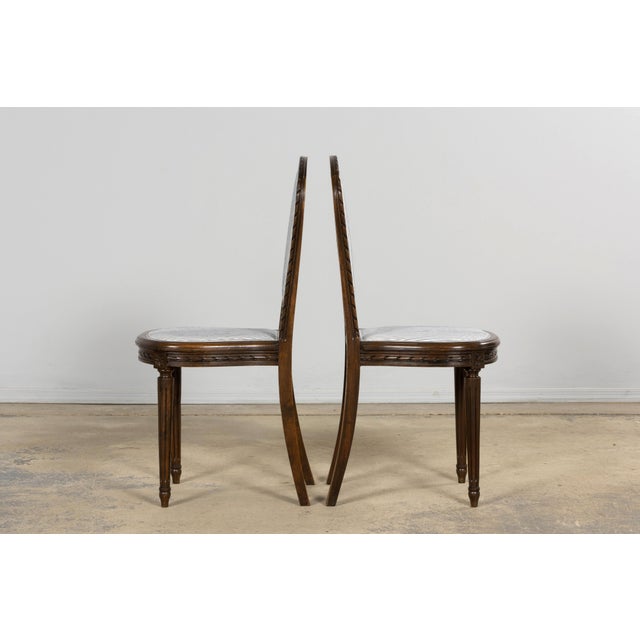 French Louis XVI Style Walnut Dining Chairs, Blue Striped Linen Upholstery – Set of 6 For Sale - Image 13 of 18