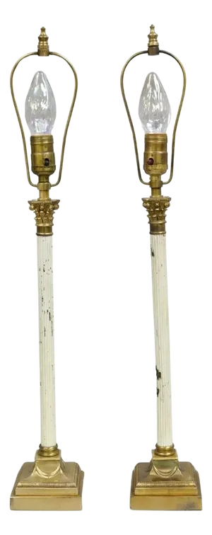 Early 20th Century French Empire Neoclassical Small Thin Brass Candlestick Column Table Lamps - a Pair