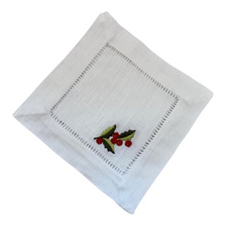 Linen Hemstiched Embroidered Cocktail Napkins, S/6 For Sale