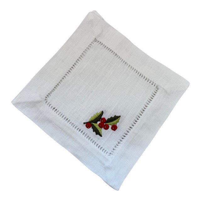 Linen Hemstiched Embroidered Cocktail Napkins, S/6 For Sale
