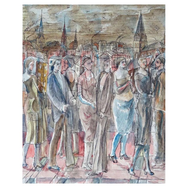 Adolfs Zardins, Overflight Over the City, 1947, Mixed Media on Paper For Sale