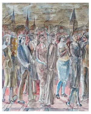 Adolfs Zardins, Overflight Over the City, 1947, Mixed Media on Paper