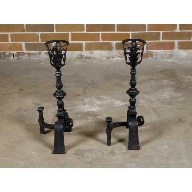 Pair of English Turn of the Century Iron Andirons with Foliage and Guilloches For Sale - Image 10 of 11