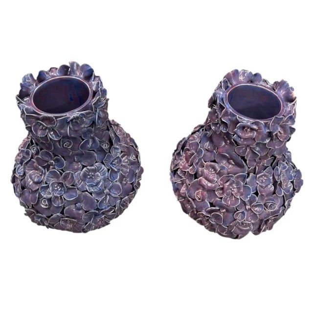 Pair of Vintage Italian Encrusted Floral Ceramic Vases in Dusty Lavender For Sale - Image 4 of 12