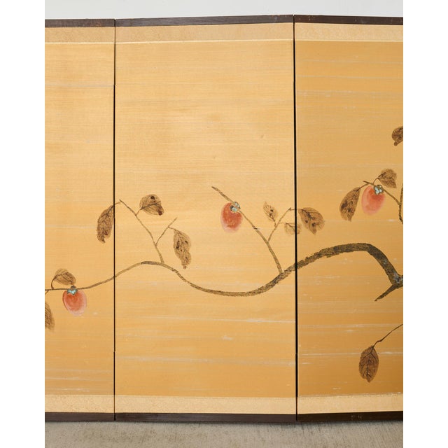 Mid 20th Century Japanese Showa Four Panel Screen Persimmon Branch in Snow For Sale - Image 5 of 18