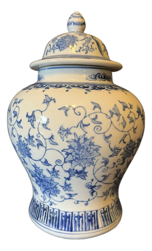 Vintage Chinoiserie Blue White Floral Porcelain Ginger Jar Lid