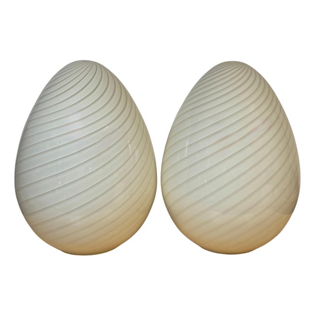 1980s Monumental Vetri Murano Spiral Ribbed Egg Lamps, Italy - a Pair For Sale