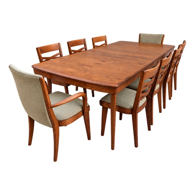 Mid-Century Modern Heywood-Wakefield Maple Extendable Dining Table & 8 Accent Chairs - 9 Piece Set For Sale