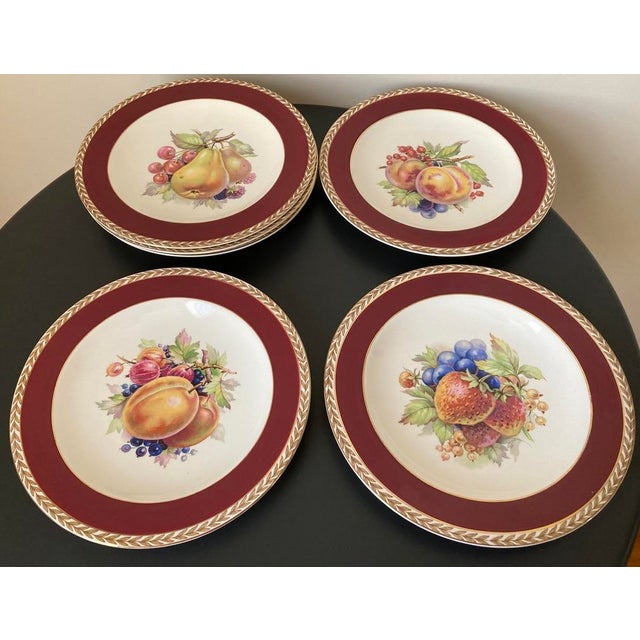 Early 20th Century Crown Ducal Red Burgundy and Gold Border Fruit Decorated Porcelain Plates- Set of 6 For Sale - Image 17 of 18