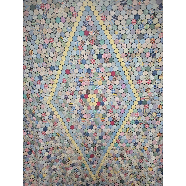 Antique American Folk Art Dimensional Padded Button Center Yo-Yo Quilt With Geometric Diamond Pattern For Sale - Image 4 of 12