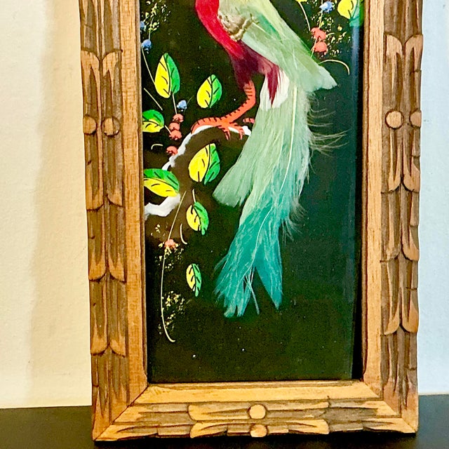 Wood 1950s Vintage Mexican Folk Art Original Feather Bird Mixed Media Painting. For Sale - Image 7 of 10