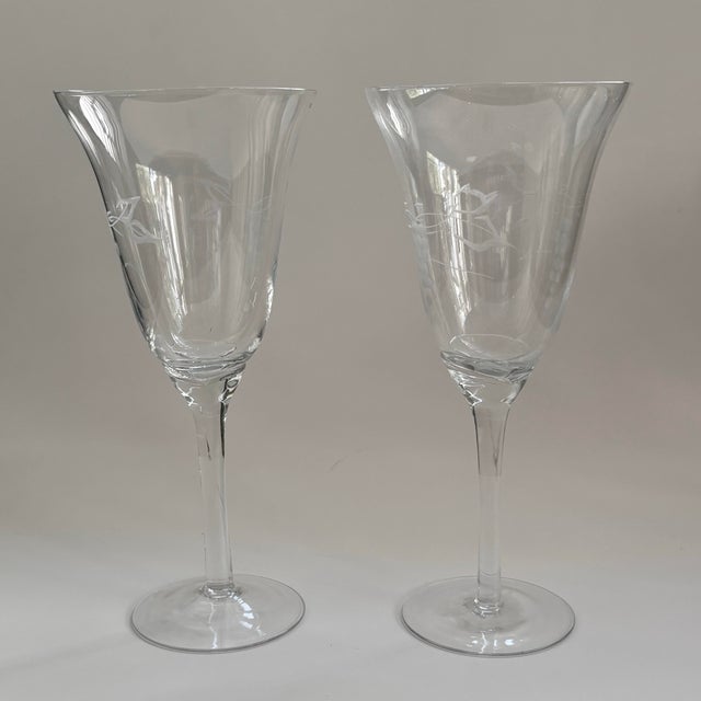 Vintage Handmade Etched Grapevine Tulip-Stem Wine Glasses – Set of 2 For Sale - Image 9 of 10