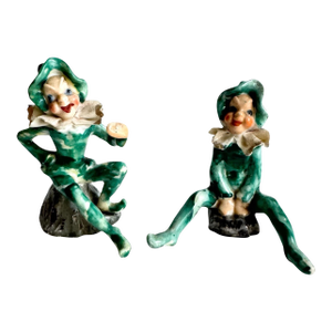 Vintage Pixie Elf Occupied Japan Green Figurines Fairy Jester a Pair