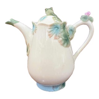 Franz Porcelain "Amphibia" Frog Teapot Coffeepot, Discontinued, Pond Scene For Sale