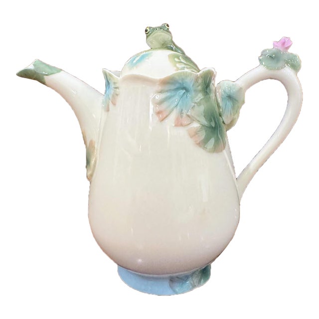 Franz Porcelain "Amphibia" Frog Teapot Coffeepot, Discontinued, Pond Scene For Sale