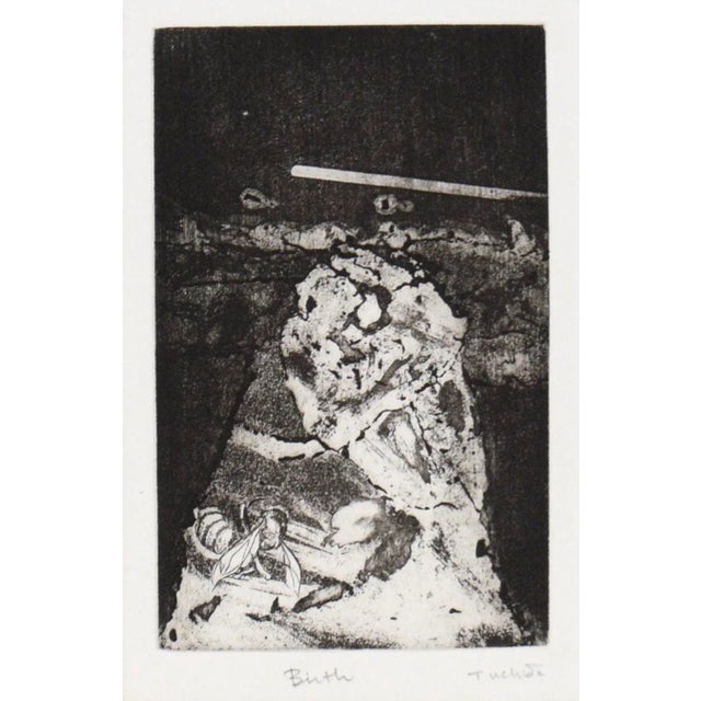 "Birth" by Tomoya Uchida (American, 20th Century). This piece is mostly abstract, high-contrast organic shapes, with the...