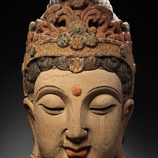 Monumental Vintage Carved Wooden Guanyin Head, 18" Tall For Sale - Image 9 of 10