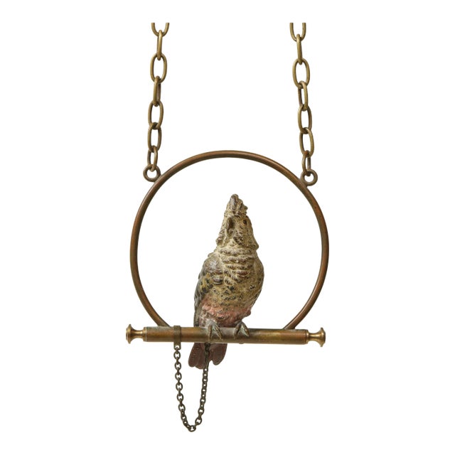 Conservatory Polychrome Cold-Painted Metal Cockatoo on Hanging Perch For Sale