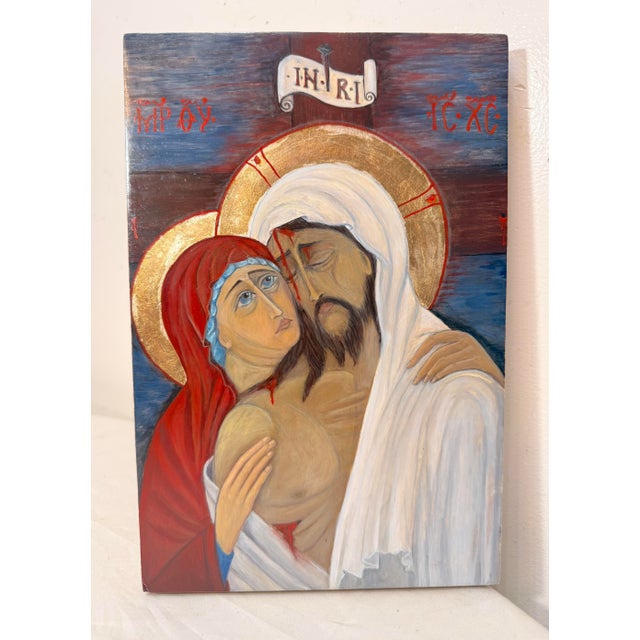 Vintage Original Gold Leaf Russian Icon Mary Jesus Pieta Oil Painting on Wood For Sale - Image 9 of 12