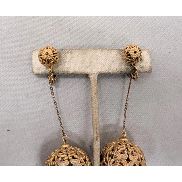 Metal Vintage 1966 Signed Napier Goldtone Filigree Ball Drop Clip Earrings- 2 Pieces For Sale - Image 7 of 8