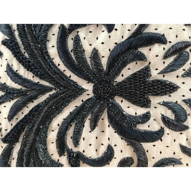2000 - 2009 Perforated Ultra Suede Sand and Black Embroidered Decorative Pillow For Sale - Image 5 of 7