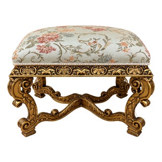 French Rococo Style Upholstered Bench – Gilded Carved Frame With Floral Tapestry Fabric For Sale
